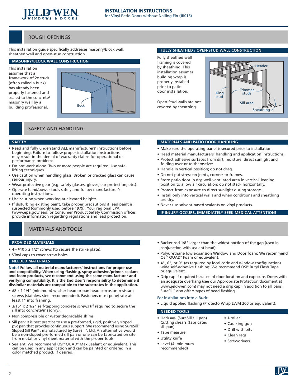 Installation instructions | JELD-WEN JII015 Vinyl Patio Doors without Nailing Fin User Manual | Page 2 / 9