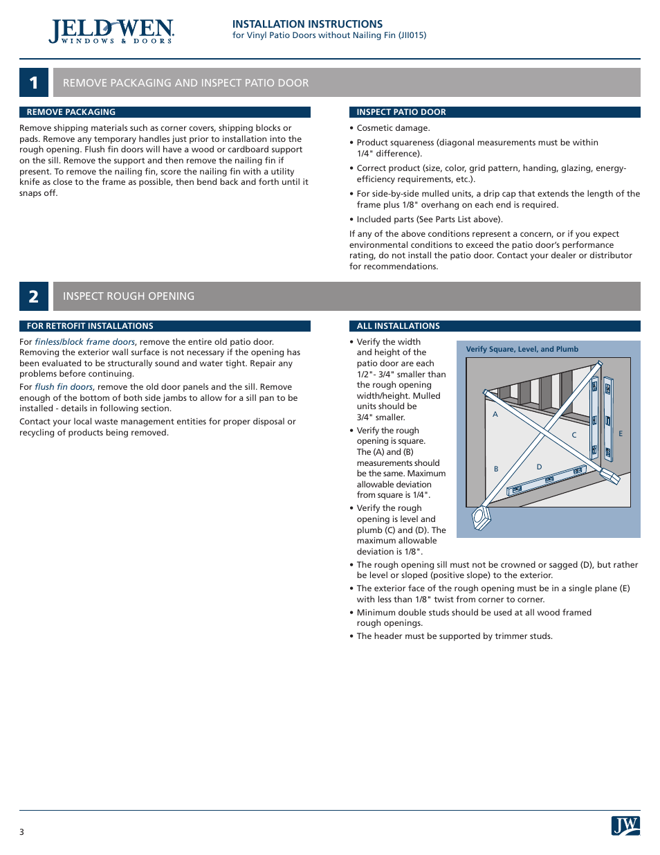 JELD-WEN JII015 Vinyl Patio Doors without Nailing Fin User Manual | Page 3 / 9