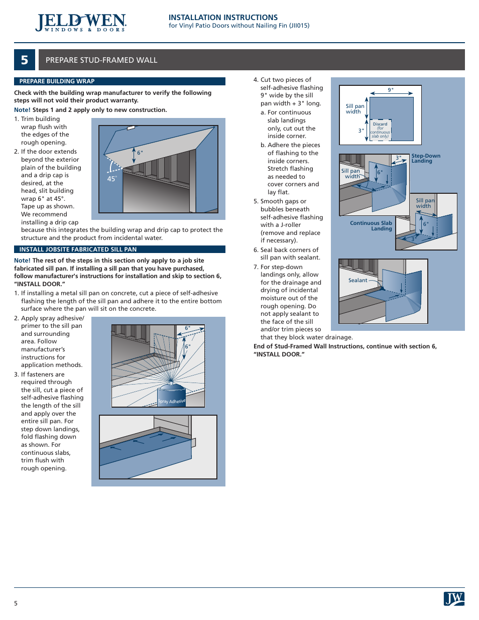 Installation instructions, Prepare stud-framed wall | JELD-WEN JII015 Vinyl Patio Doors without Nailing Fin User Manual | Page 5 / 9