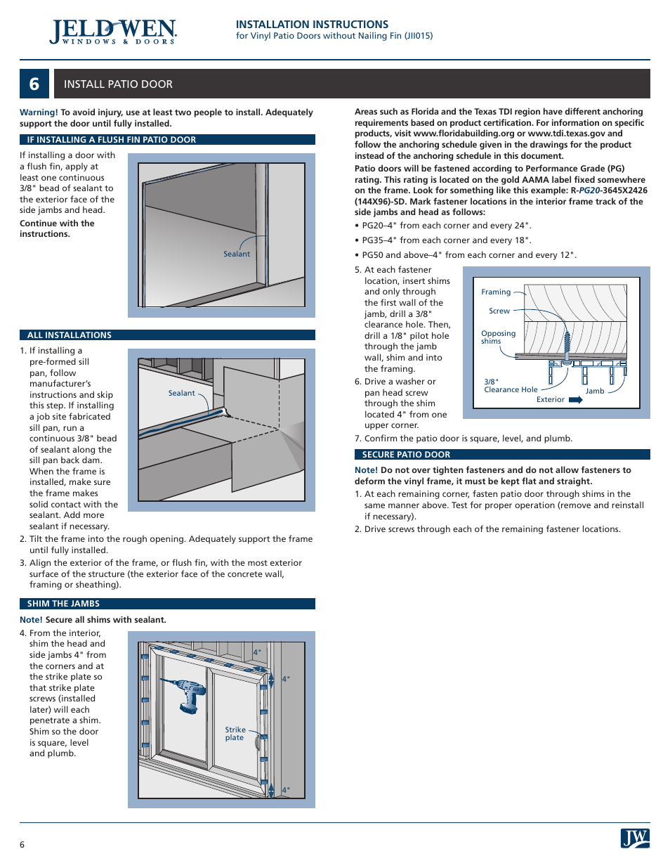 JELD-WEN JII015 Vinyl Patio Doors without Nailing Fin User Manual | Page 6 / 9