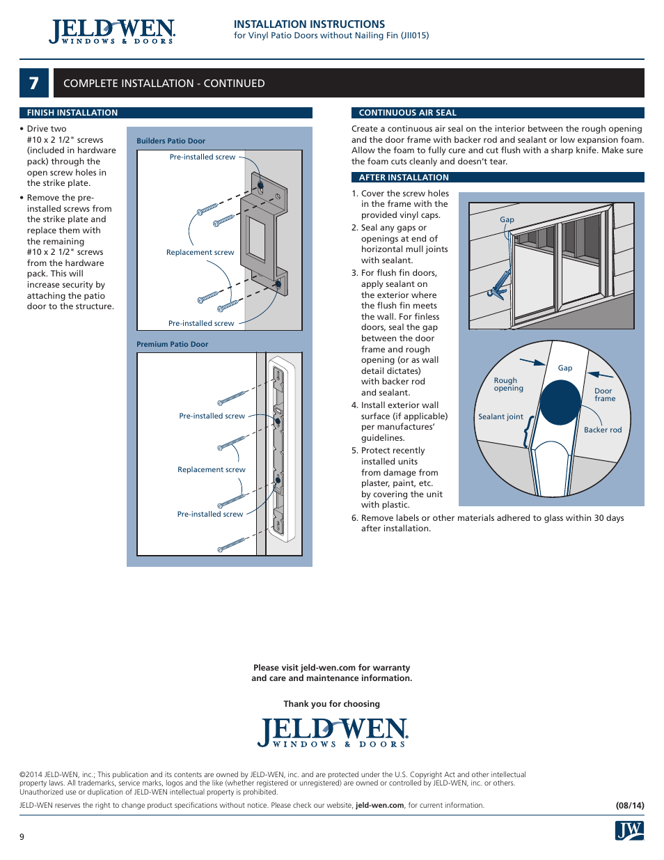 Installation instructions, Complete installation - continued | JELD-WEN JII015 Vinyl Patio Doors without Nailing Fin User Manual | Page 9 / 9