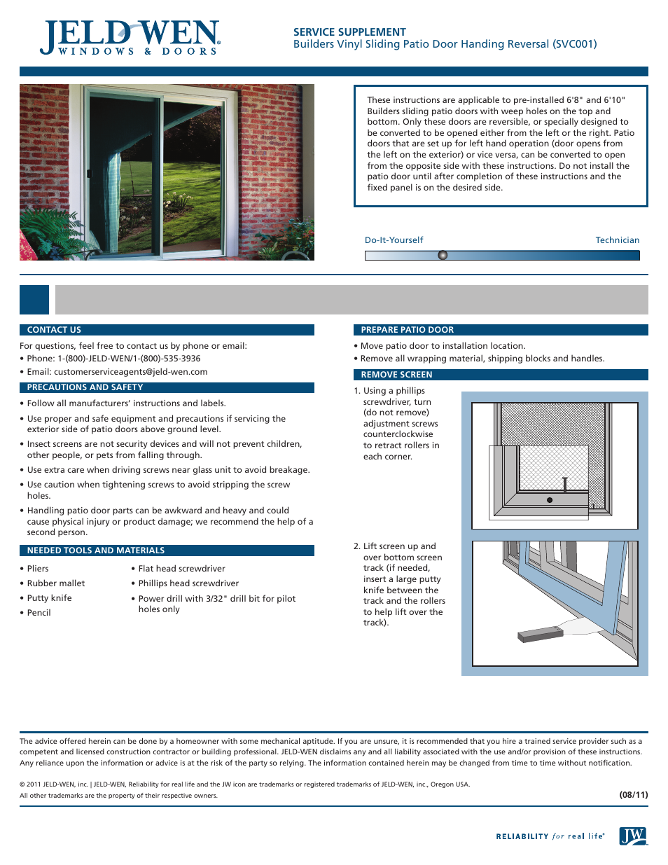 JELD-WEN SVC001 Builders Vinyl Sliding Patio Door Handing Reversal User Manual | 3 pages