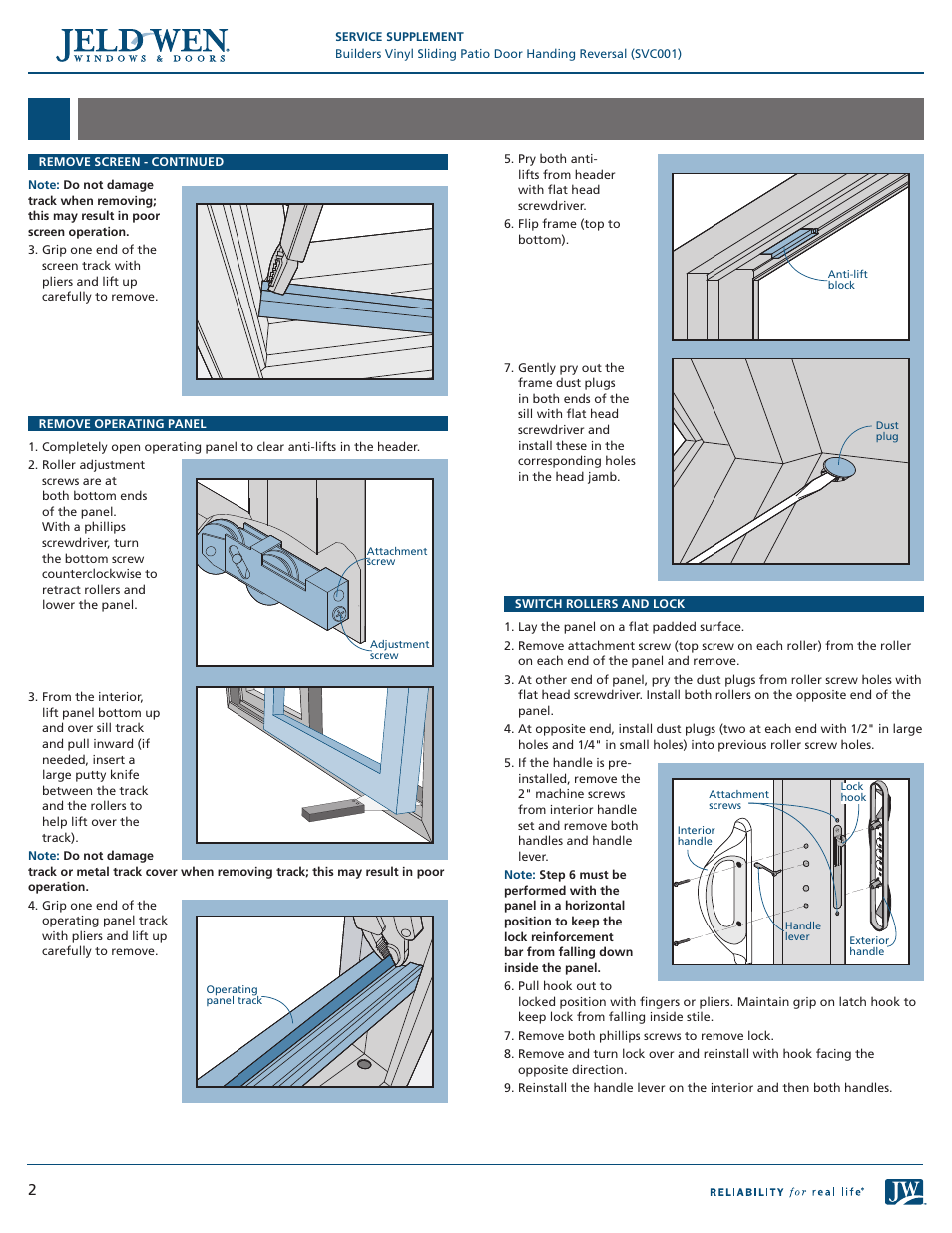 JELD-WEN SVC001 Builders Vinyl Sliding Patio Door Handing Reversal User Manual | Page 2 / 3