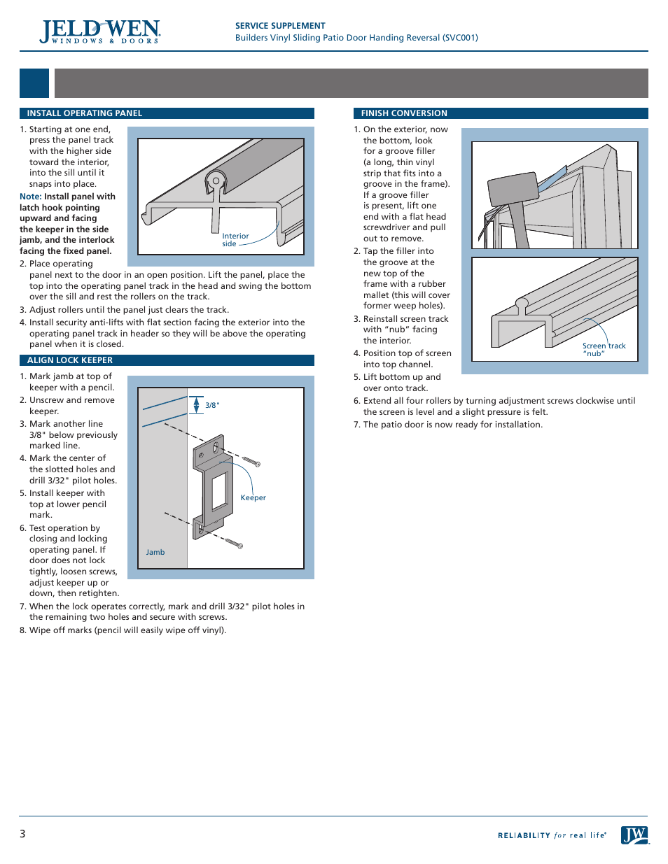 JELD-WEN SVC001 Builders Vinyl Sliding Patio Door Handing Reversal User Manual | Page 3 / 3