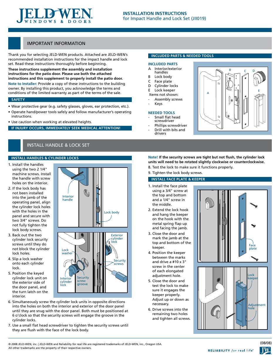 JELD-WEN JII019 Impact Handle and Lock Set User Manual | 1 page