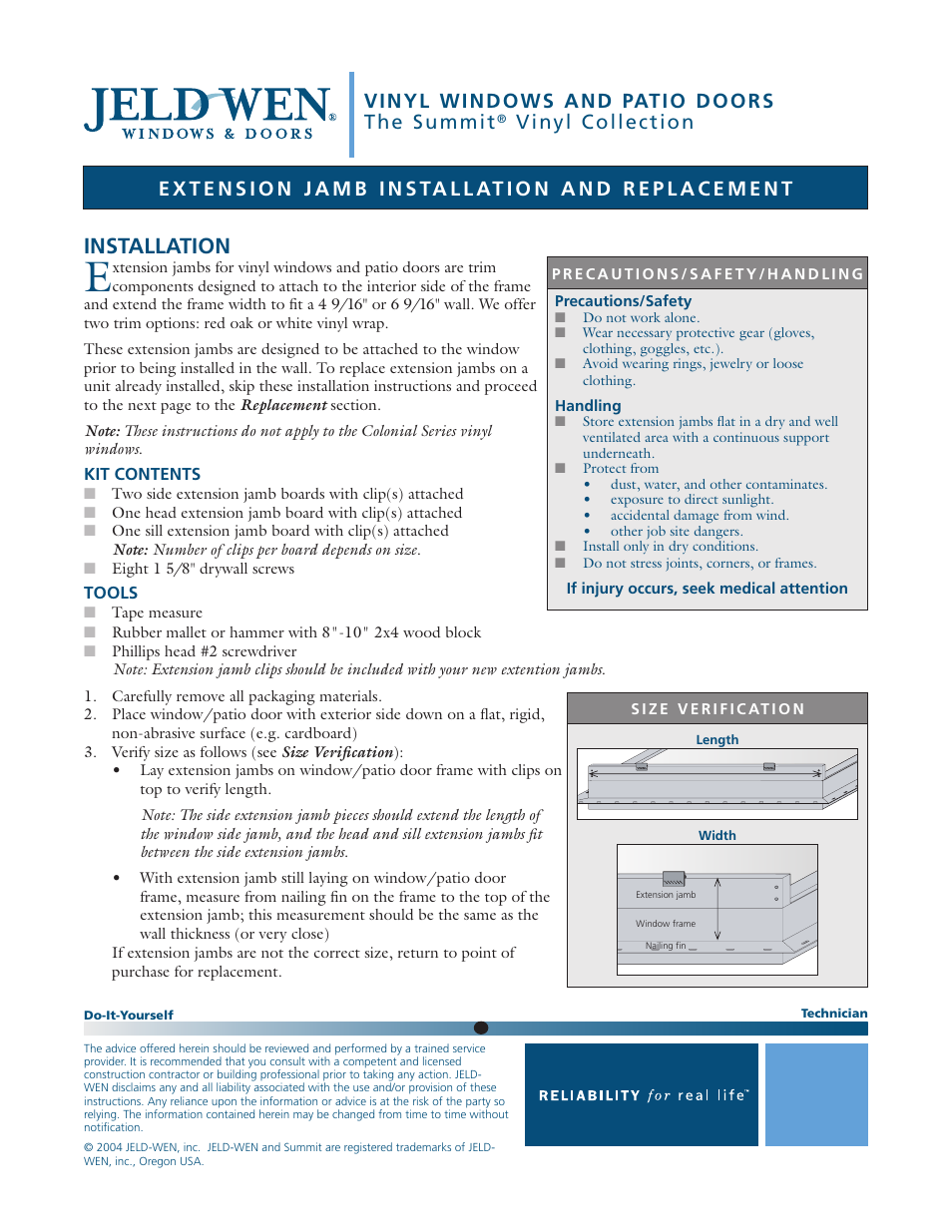 JELD-WEN SIV001 Extension Jamb for Vinyl Windows and Patio Doors User Manual | 2 pages