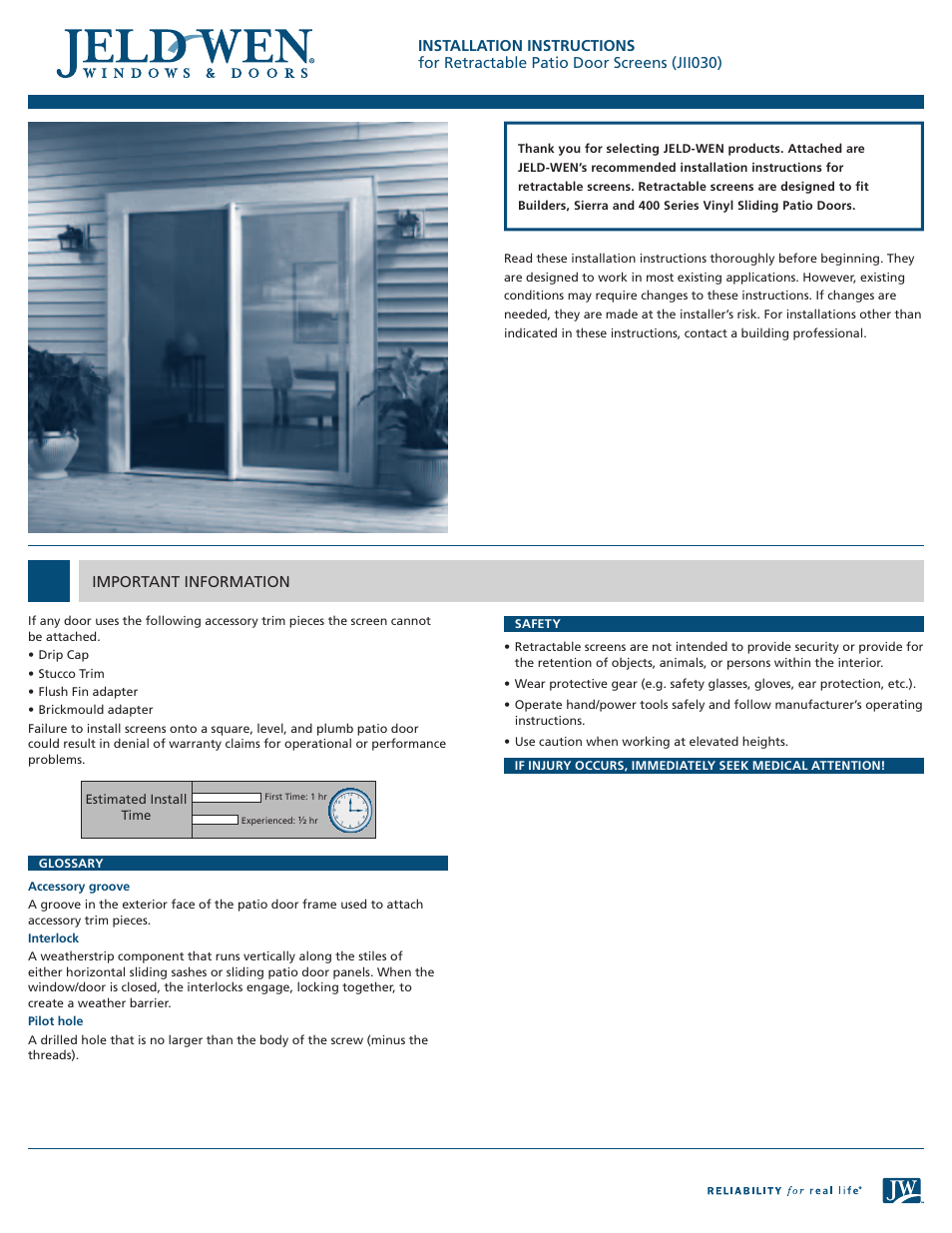 JELD-WEN JII030 Retractable Patio Door Screens User Manual | 4 pages