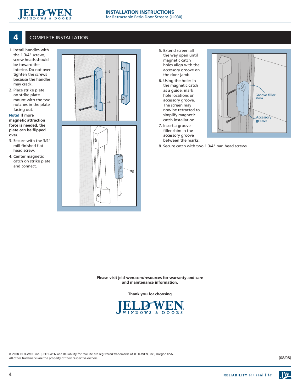 JELD-WEN JII030 Retractable Patio Door Screens User Manual | Page 4 / 4