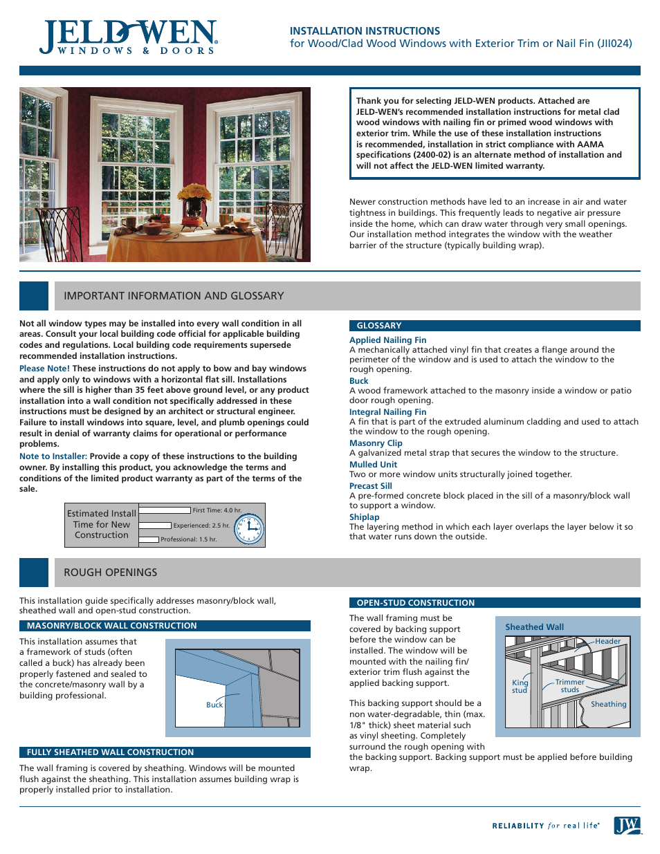 JELD-WEN JII024 Wood/Clad Wood Windows with Exterior Trim or Nail Fin User Manual | 7 pages