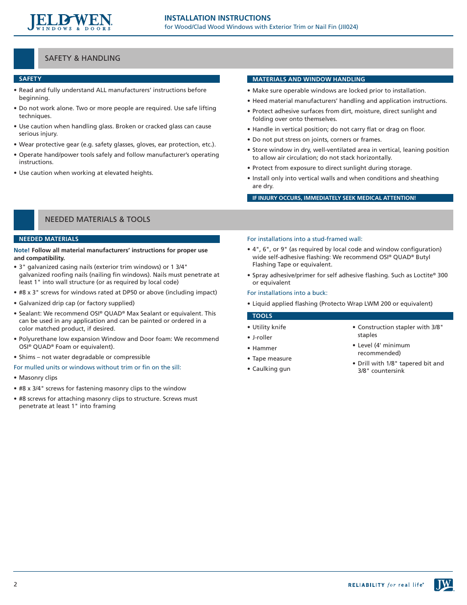 JELD-WEN JII024 Wood/Clad Wood Windows with Exterior Trim or Nail Fin User Manual | Page 2 / 7