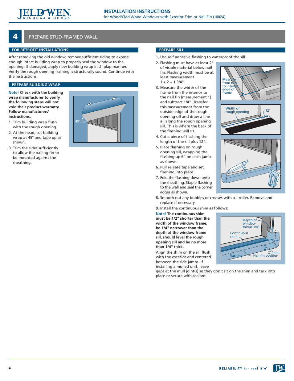 JELD-WEN JII024 Wood/Clad Wood Windows with Exterior Trim or Nail Fin User Manual | Page 4 / 7