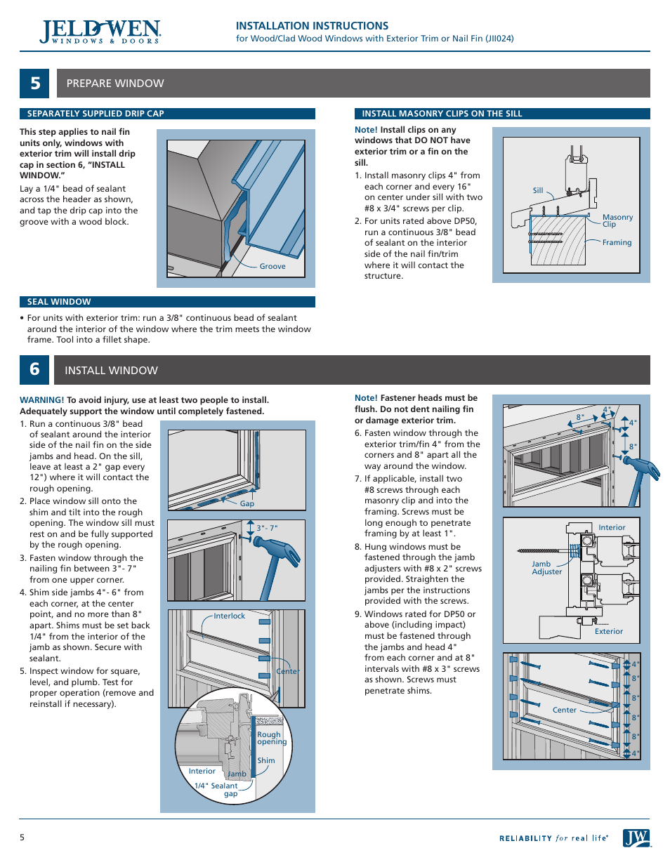 JELD-WEN JII024 Wood/Clad Wood Windows with Exterior Trim or Nail Fin User Manual | Page 5 / 7