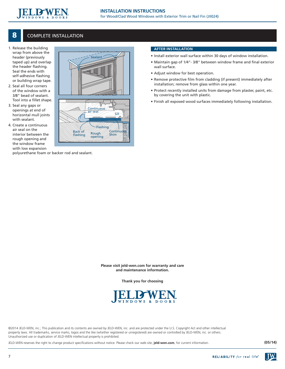 JELD-WEN JII024 Wood/Clad Wood Windows with Exterior Trim or Nail Fin User Manual | Page 7 / 7