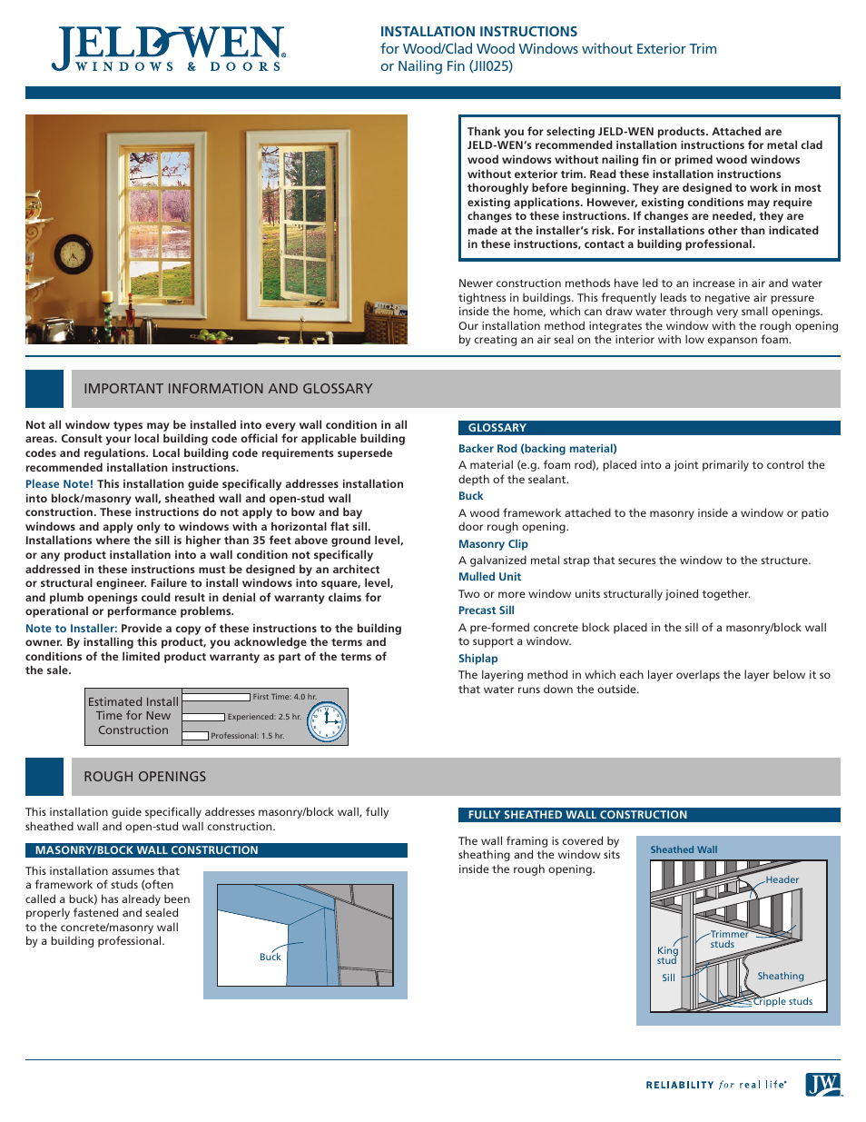 JELD-WEN JII025 Wood/Clad Wood Windows without Exterior Trim or Nailing Fin User Manual | 6 pages