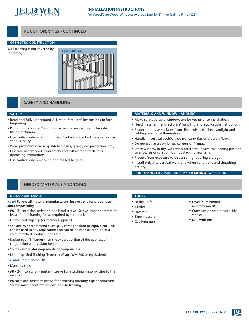 JELD-WEN JII025 Wood/Clad Wood Windows without Exterior Trim or Nailing Fin User Manual | Page 2 / 6