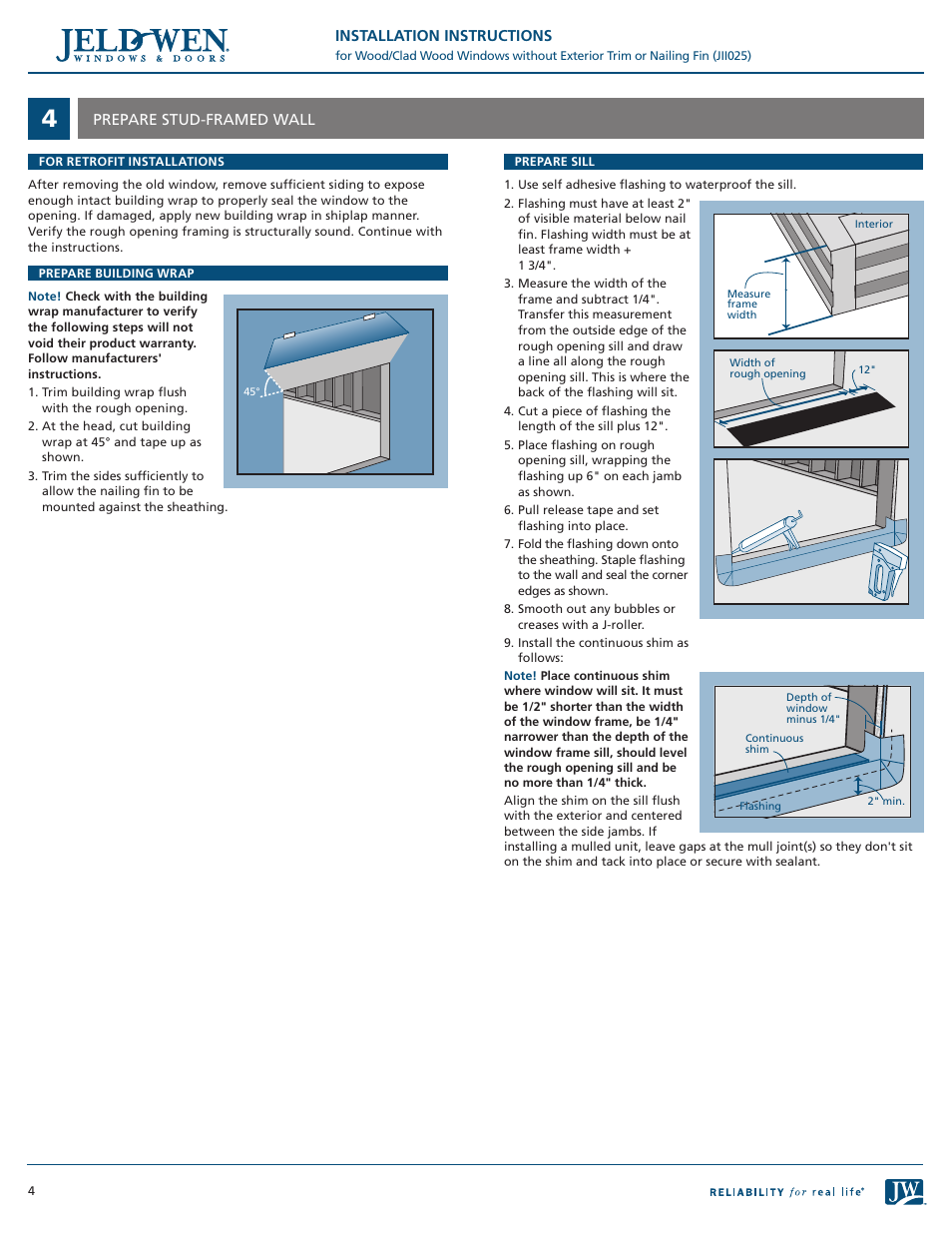 JELD-WEN JII025 Wood/Clad Wood Windows without Exterior Trim or Nailing Fin User Manual | Page 4 / 6