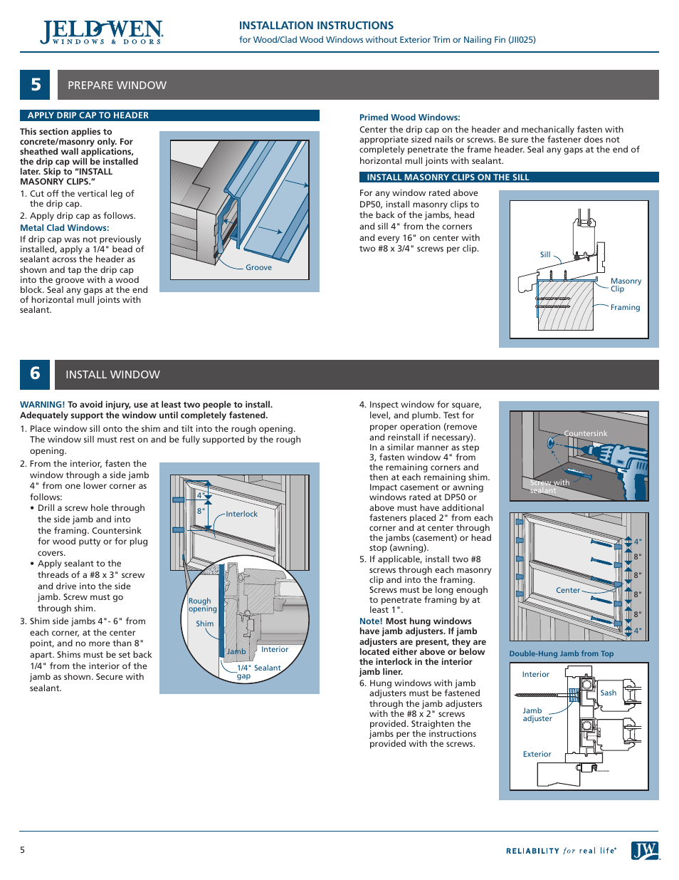 JELD-WEN JII025 Wood/Clad Wood Windows without Exterior Trim or Nailing Fin User Manual | Page 5 / 6