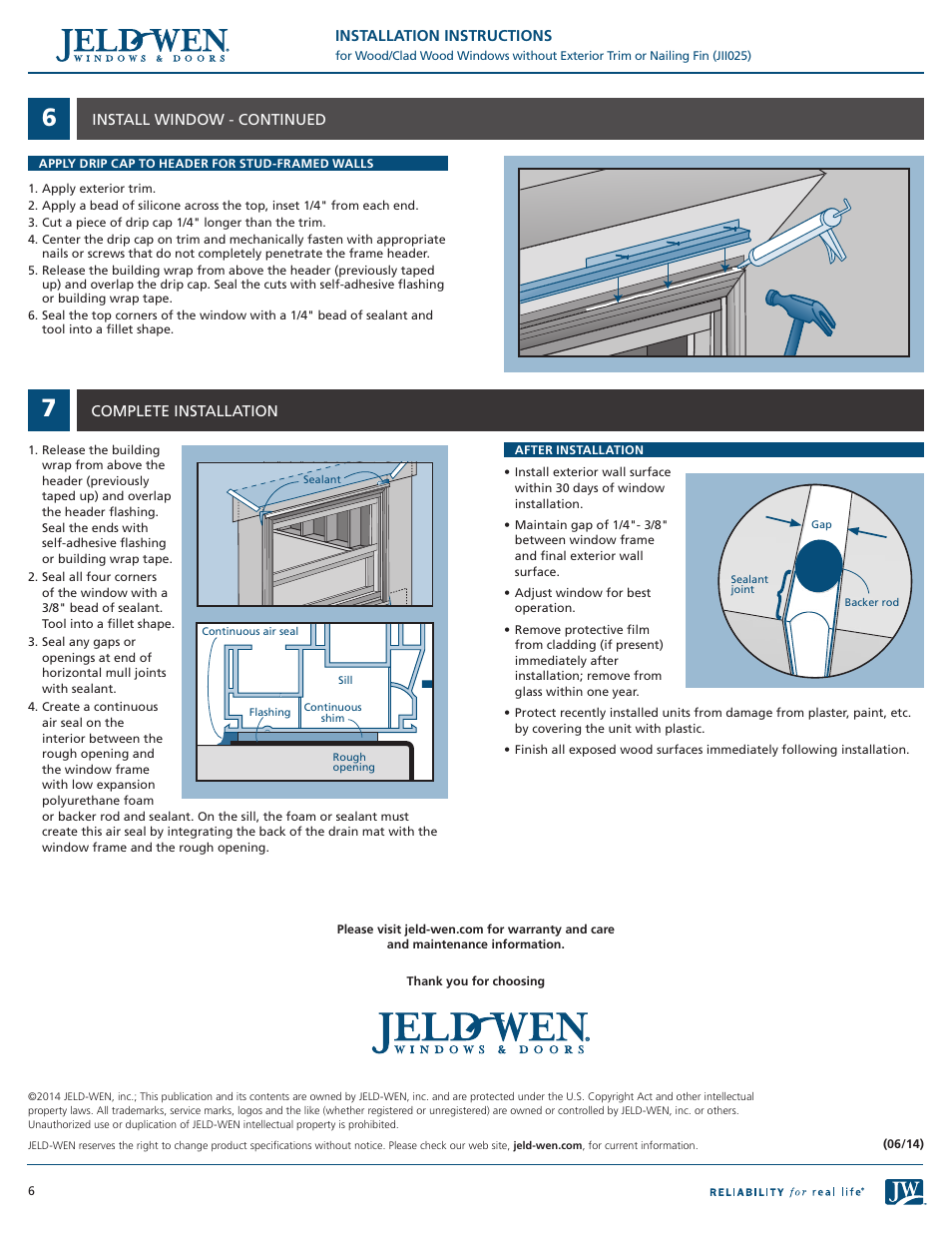 JELD-WEN JII025 Wood/Clad Wood Windows without Exterior Trim or Nailing Fin User Manual | Page 6 / 6