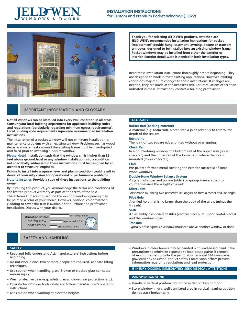 JELD-WEN JII022 Custom and Premium Pocket Windows User Manual | 6 pages