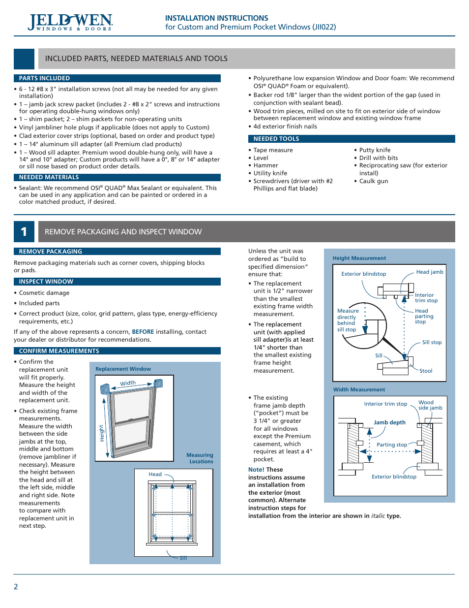 Remove packaging and inspect window, Included parts, needed materials and tools | JELD-WEN JII022 Custom and Premium Pocket Windows User Manual | Page 2 / 6