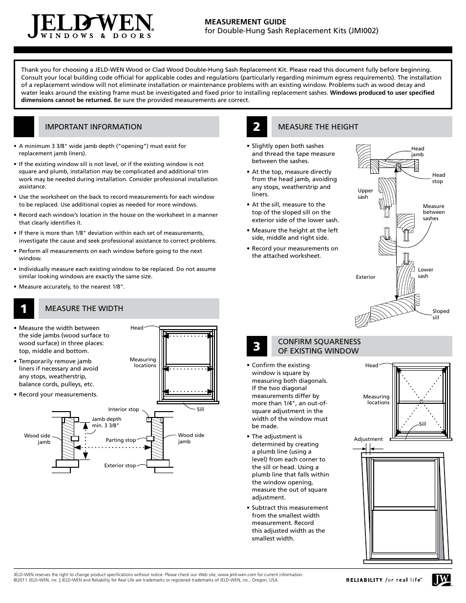 JELD-WEN JMI002 Double-Hung Sash Replacement Kits User Manual | 2 pages
