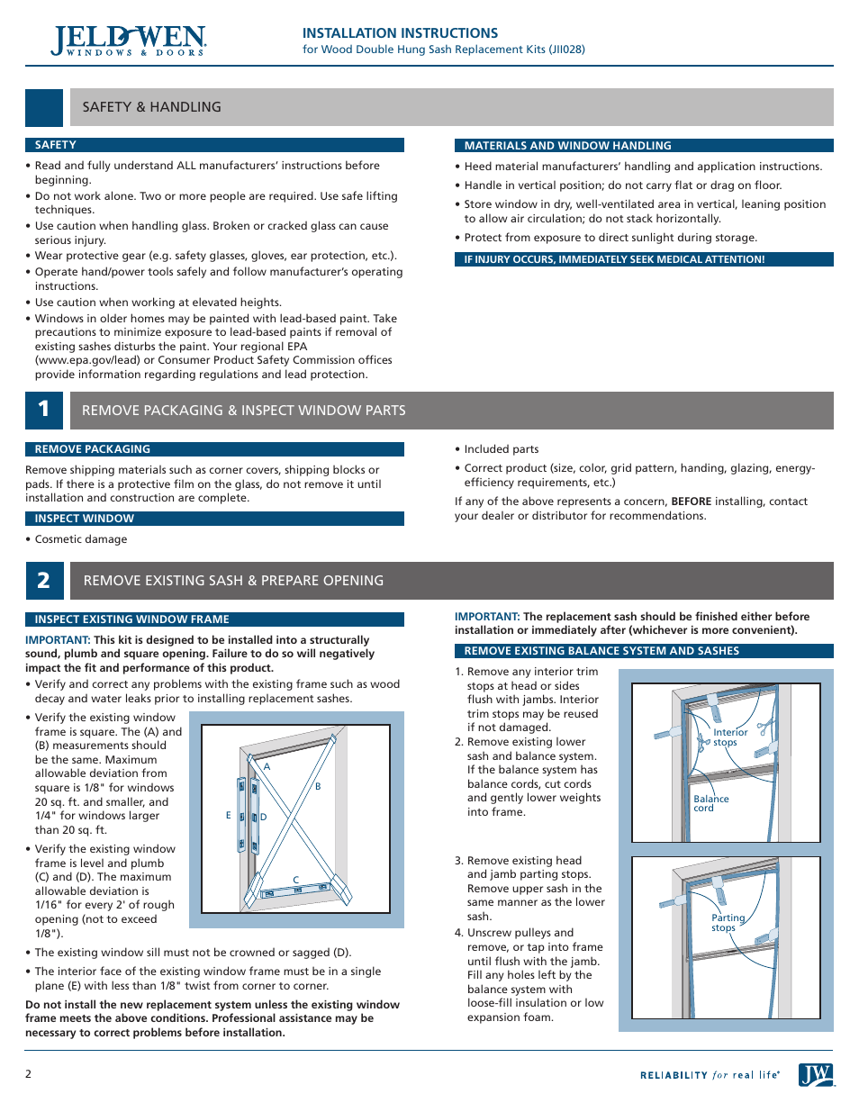 JELD-WEN JII028 Wood Double Hung Sash Replacement Kits User Manual | Page 2 / 4