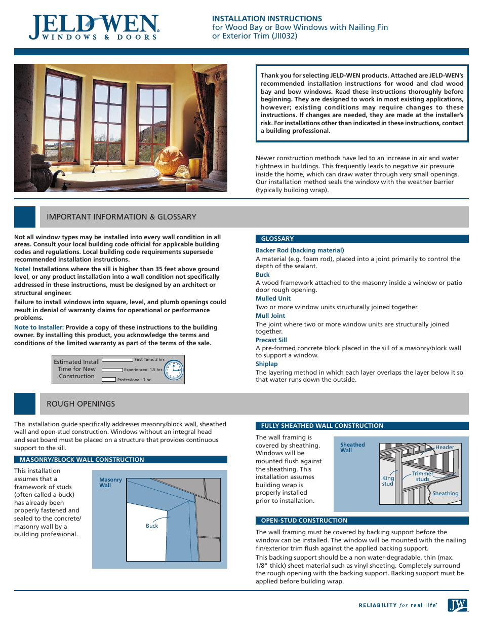 JELD-WEN JII032 Wood Bay or Bow Windows with Nailing Fin or Exterior Trim User Manual | 5 pages