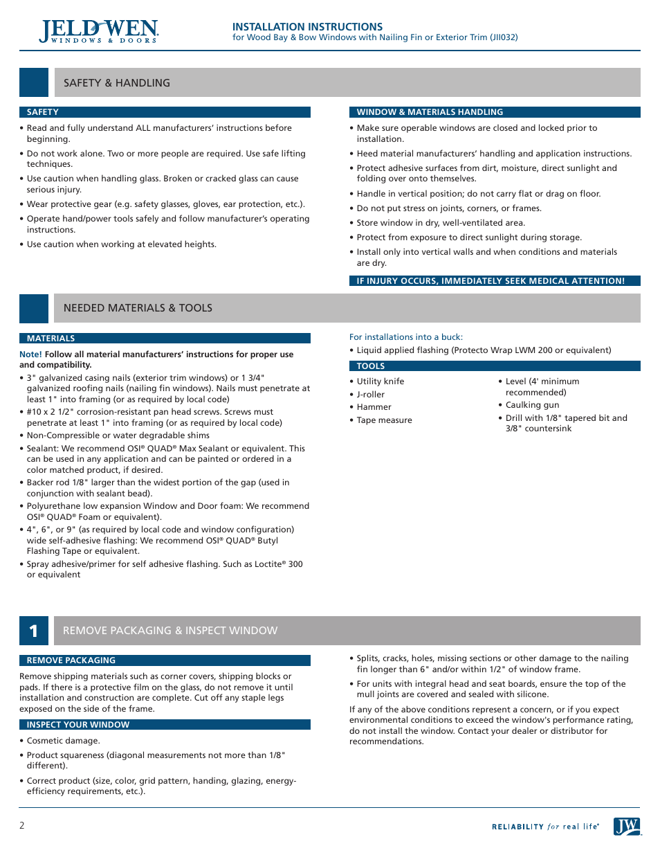 JELD-WEN JII032 Wood Bay or Bow Windows with Nailing Fin or Exterior Trim User Manual | Page 2 / 5