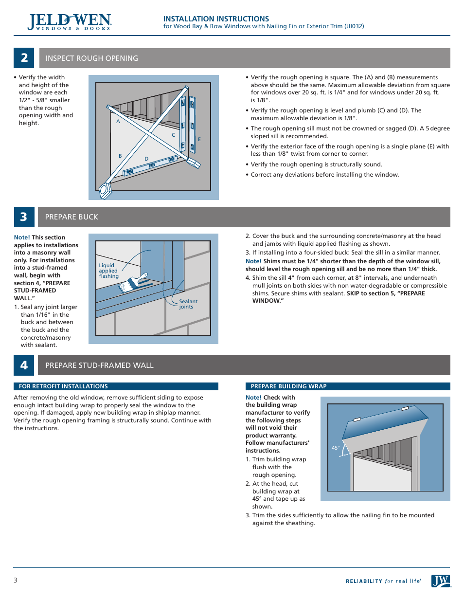 JELD-WEN JII032 Wood Bay or Bow Windows with Nailing Fin or Exterior Trim User Manual | Page 3 / 5