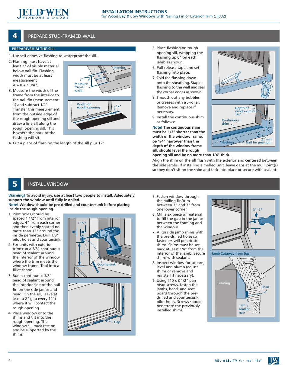 JELD-WEN JII032 Wood Bay or Bow Windows with Nailing Fin or Exterior Trim User Manual | Page 4 / 5