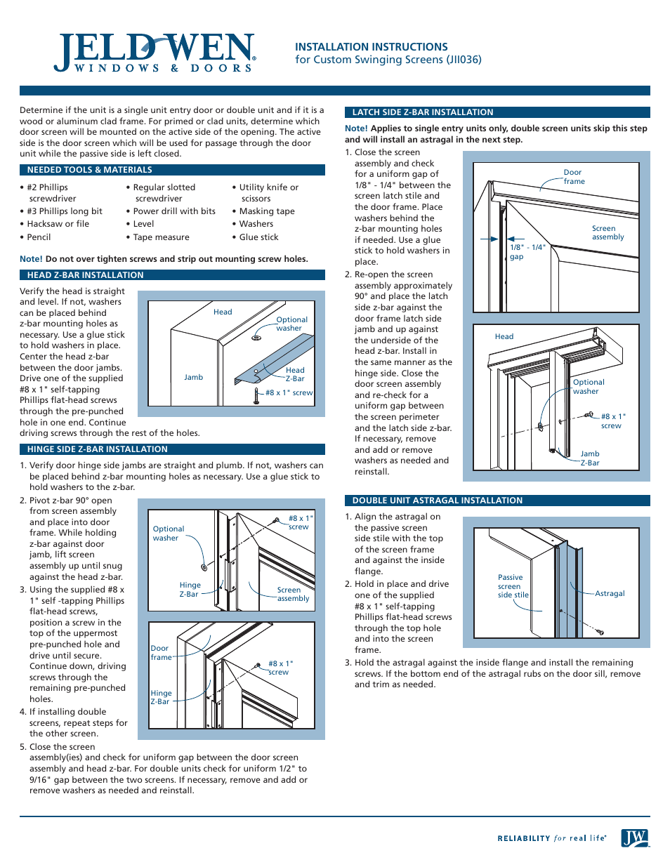 JELD-WEN JII036 Custom Swinging Screens User Manual | 3 pages