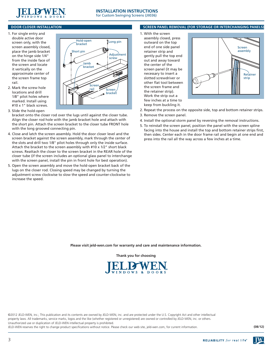 Installation instructions | JELD-WEN JII036 Custom Swinging Screens User Manual | Page 3 / 3