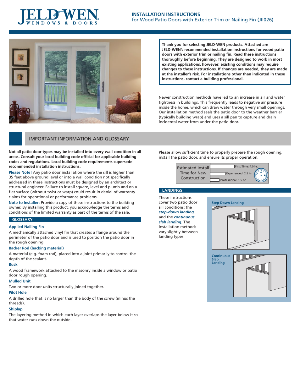 JELD-WEN JII026 Wood Patio Doors with Exterior Trim or Nailing Fin User Manual | 8 pages
