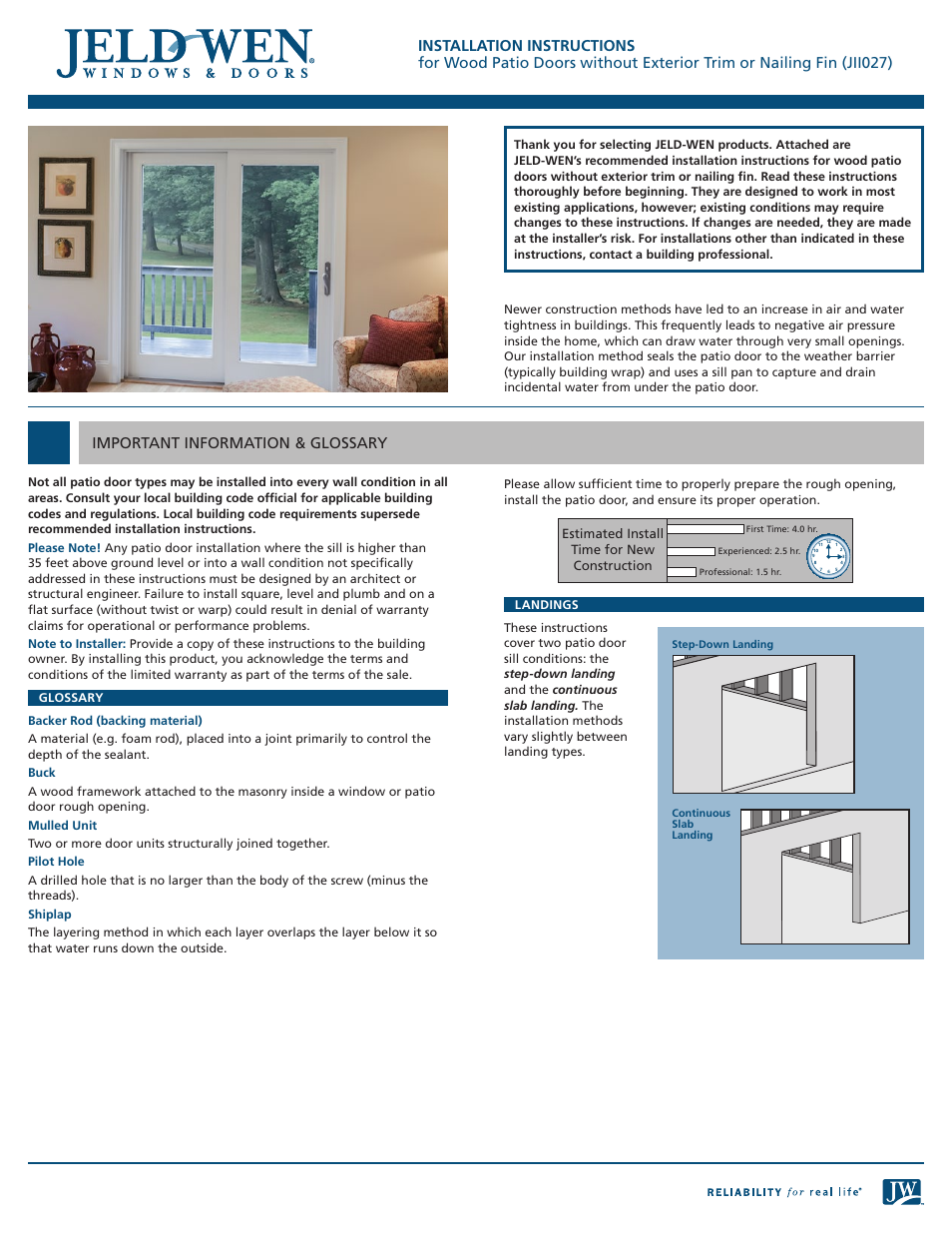 JELD-WEN JII027 Wood Patio Doors without Exterior Trim or Nailing Fin User Manual | 8 pages