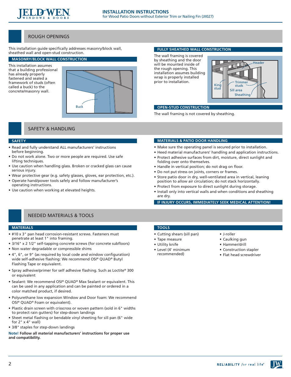 JELD-WEN JII027 Wood Patio Doors without Exterior Trim or Nailing Fin User Manual | Page 2 / 8