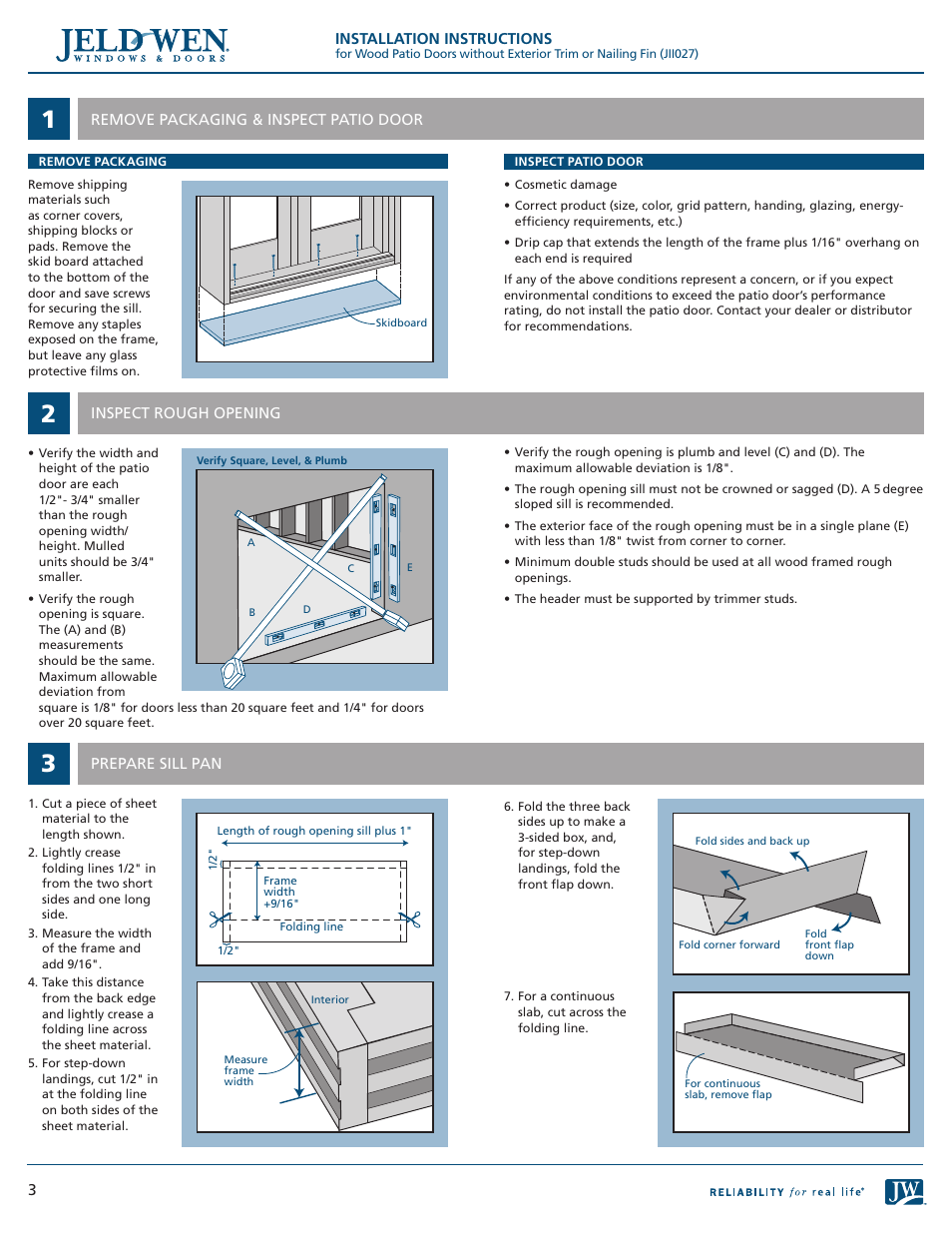 JELD-WEN JII027 Wood Patio Doors without Exterior Trim or Nailing Fin User Manual | Page 3 / 8