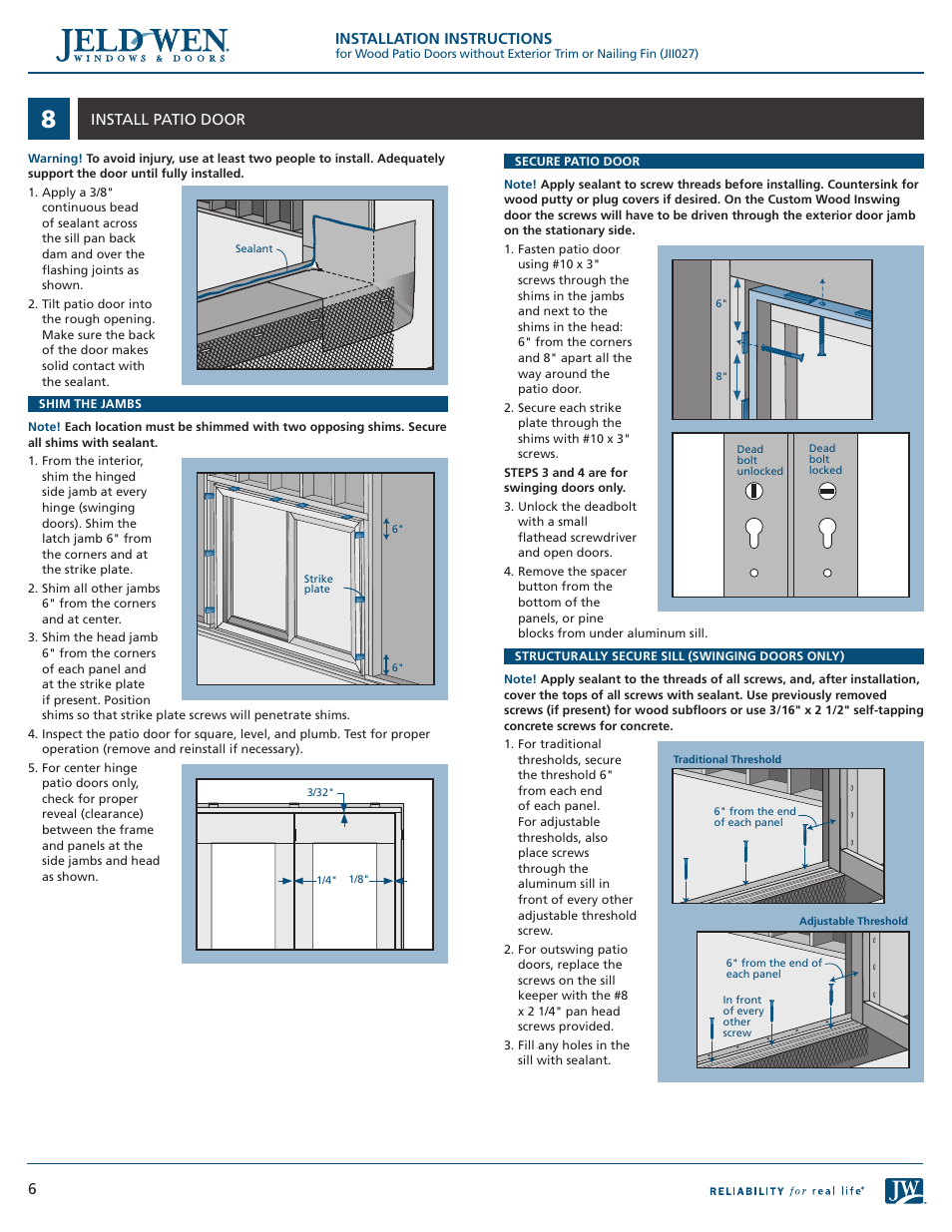 JELD-WEN JII027 Wood Patio Doors without Exterior Trim or Nailing Fin User Manual | Page 6 / 8