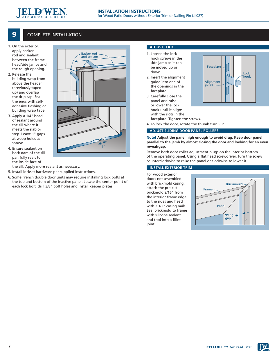 JELD-WEN JII027 Wood Patio Doors without Exterior Trim or Nailing Fin User Manual | Page 7 / 8