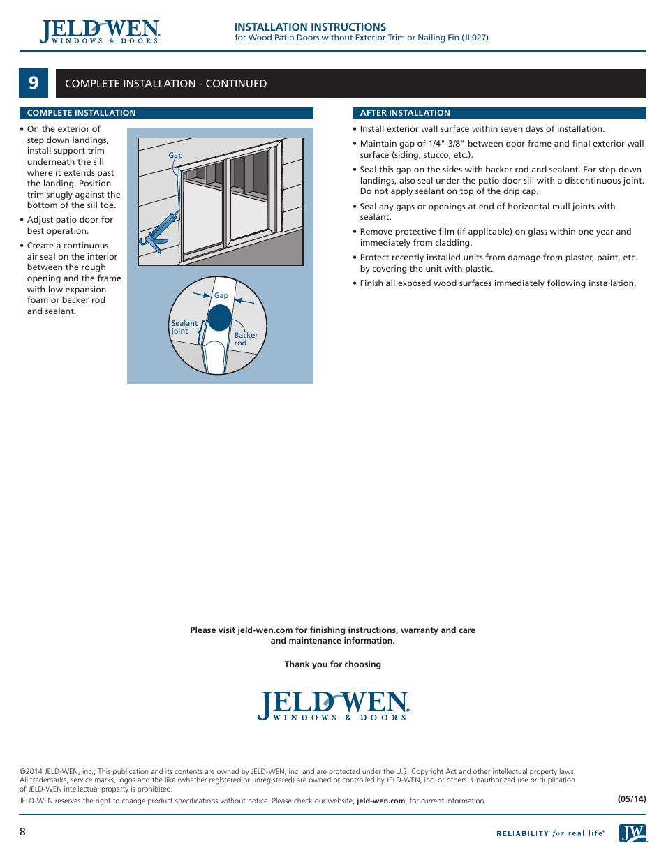 JELD-WEN JII027 Wood Patio Doors without Exterior Trim or Nailing Fin User Manual | Page 8 / 8