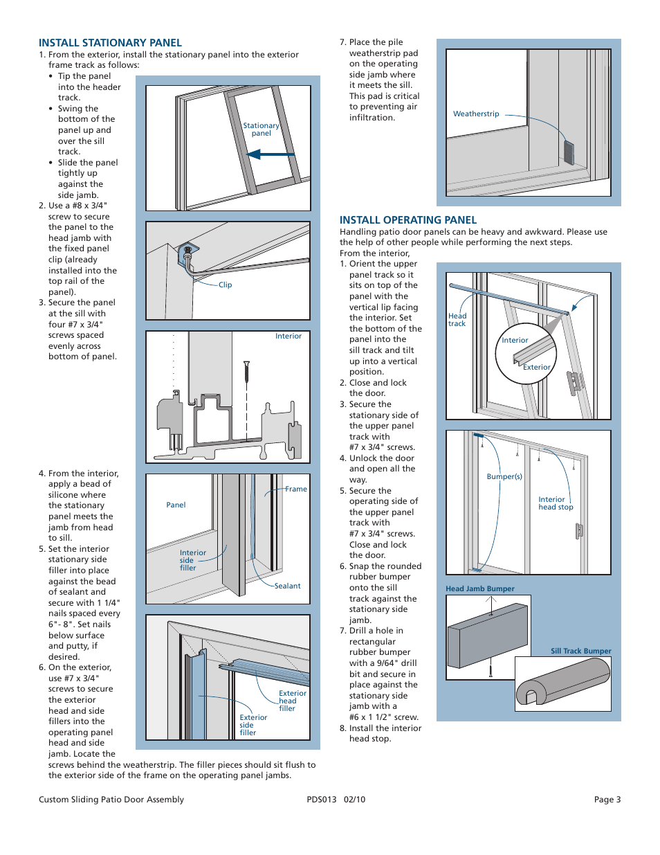 Install stationary panel, Install operating panel | JELD-WEN PDS013 Custom Sliding Patio Doors User Manual | Page 3 / 3