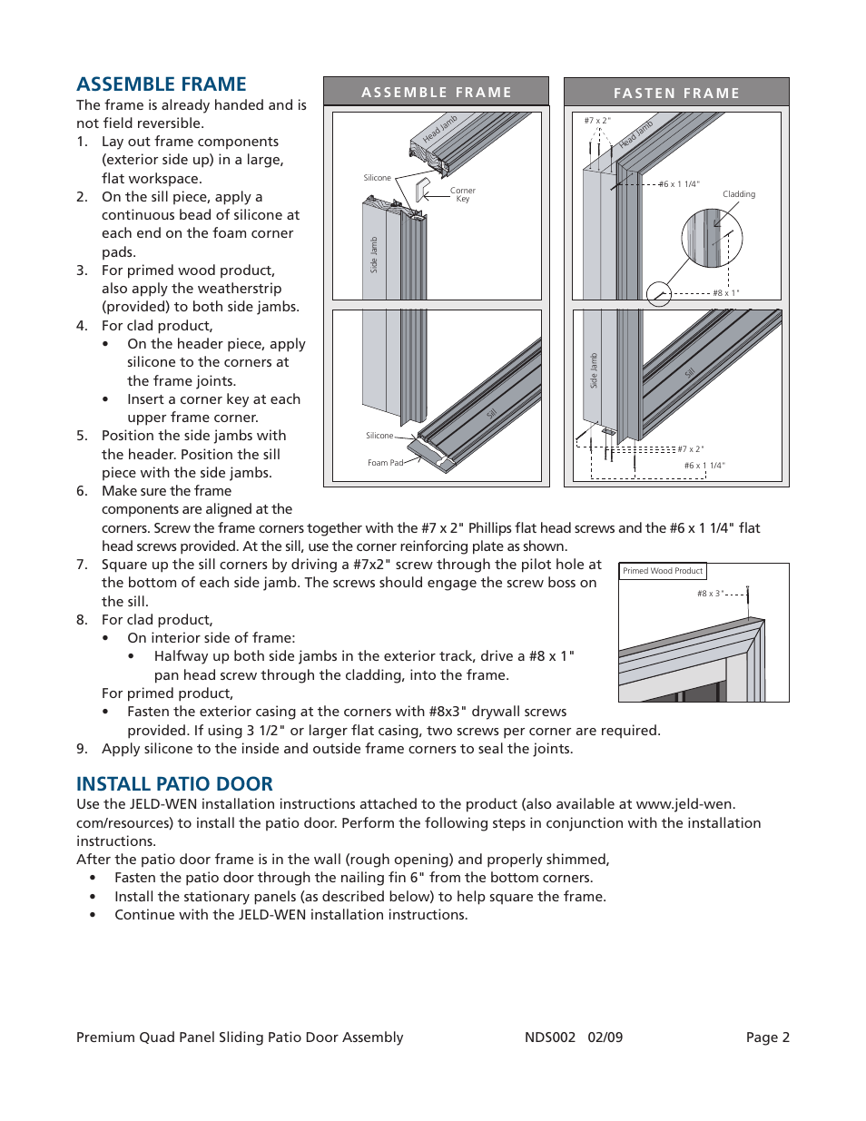 Assemble frame, Install patio door | JELD-WEN NDS002 Premium Quad Panel Sliding Patio Doors User Manual | Page 2 / 3