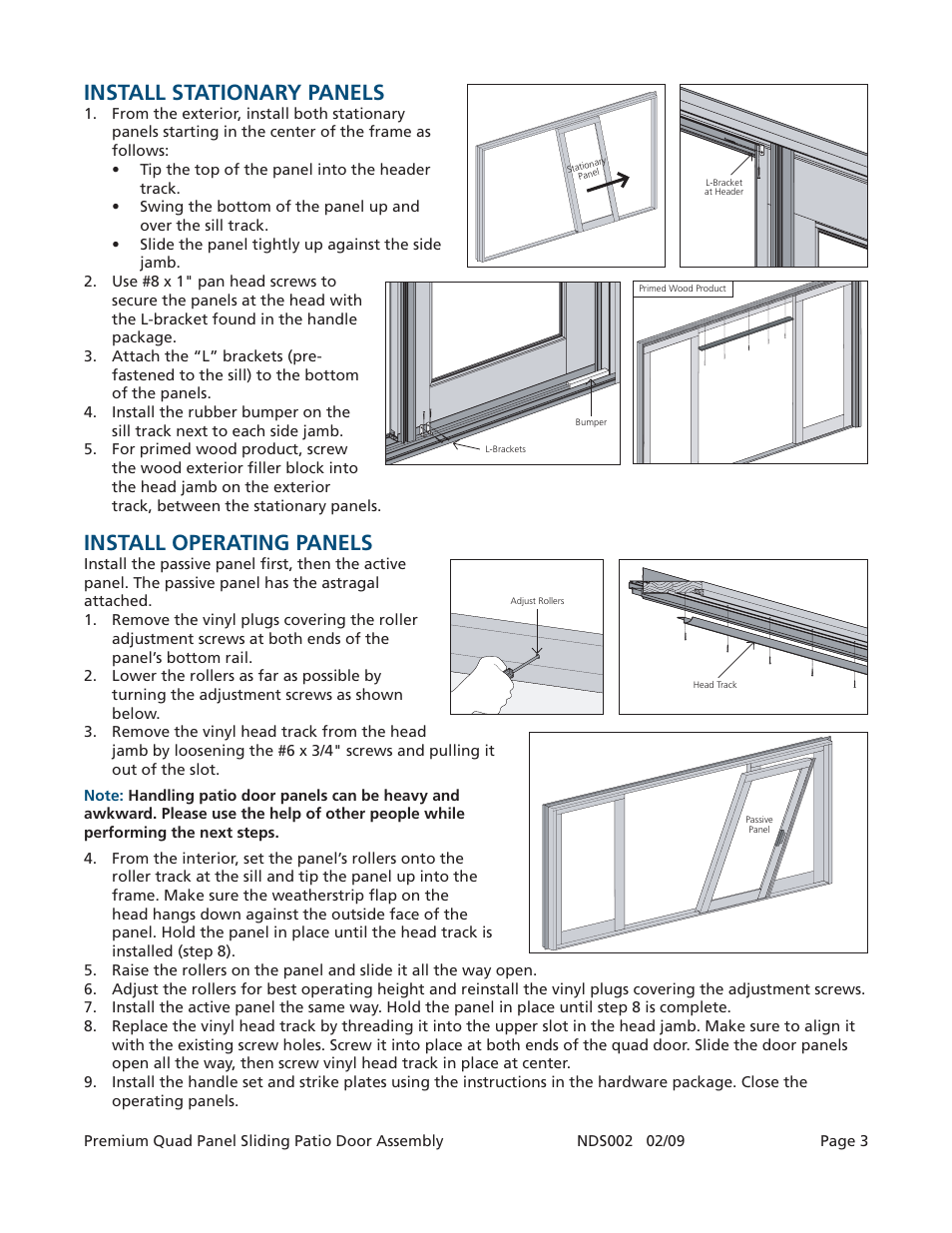 Install stationary panels, Install operating panels | JELD-WEN NDS002 Premium Quad Panel Sliding Patio Doors User Manual | Page 3 / 3