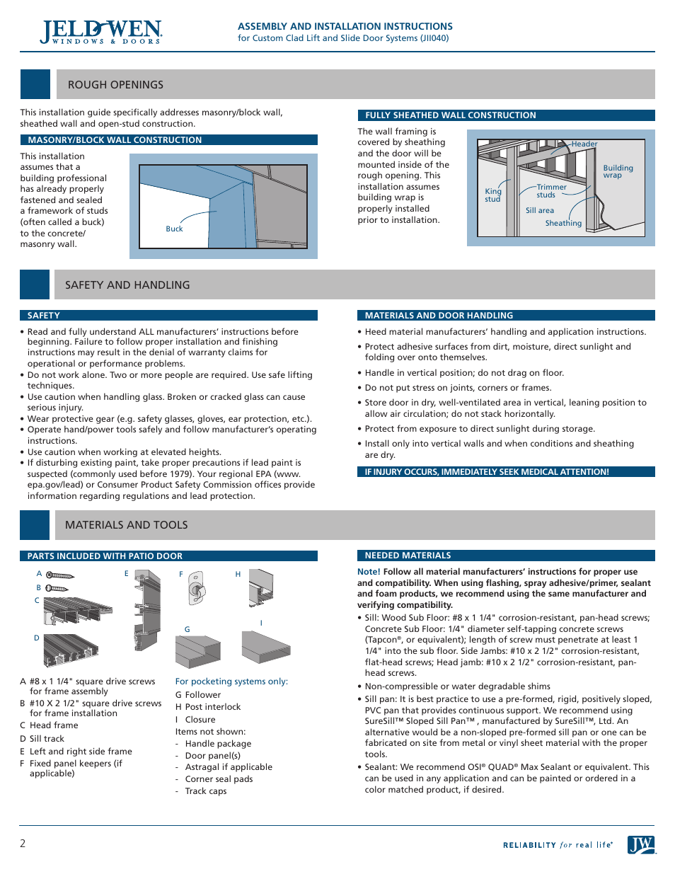 2materials and tools, Safety and handling, Rough openings | JELD-WEN JII040 Custom Clad Lift and Slide Door Systems User Manual | Page 2 / 8