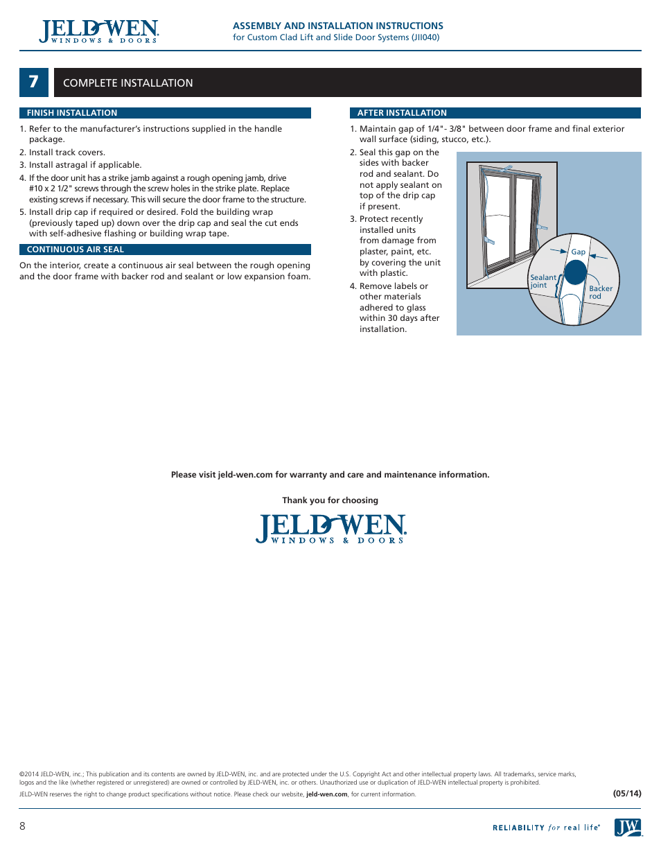 JELD-WEN JII040 Custom Clad Lift and Slide Door Systems User Manual | Page 8 / 8