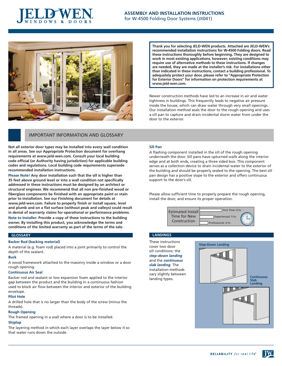 JELD-WEN JII041 W-4500 Folding Door Systems User Manual | 10 pages