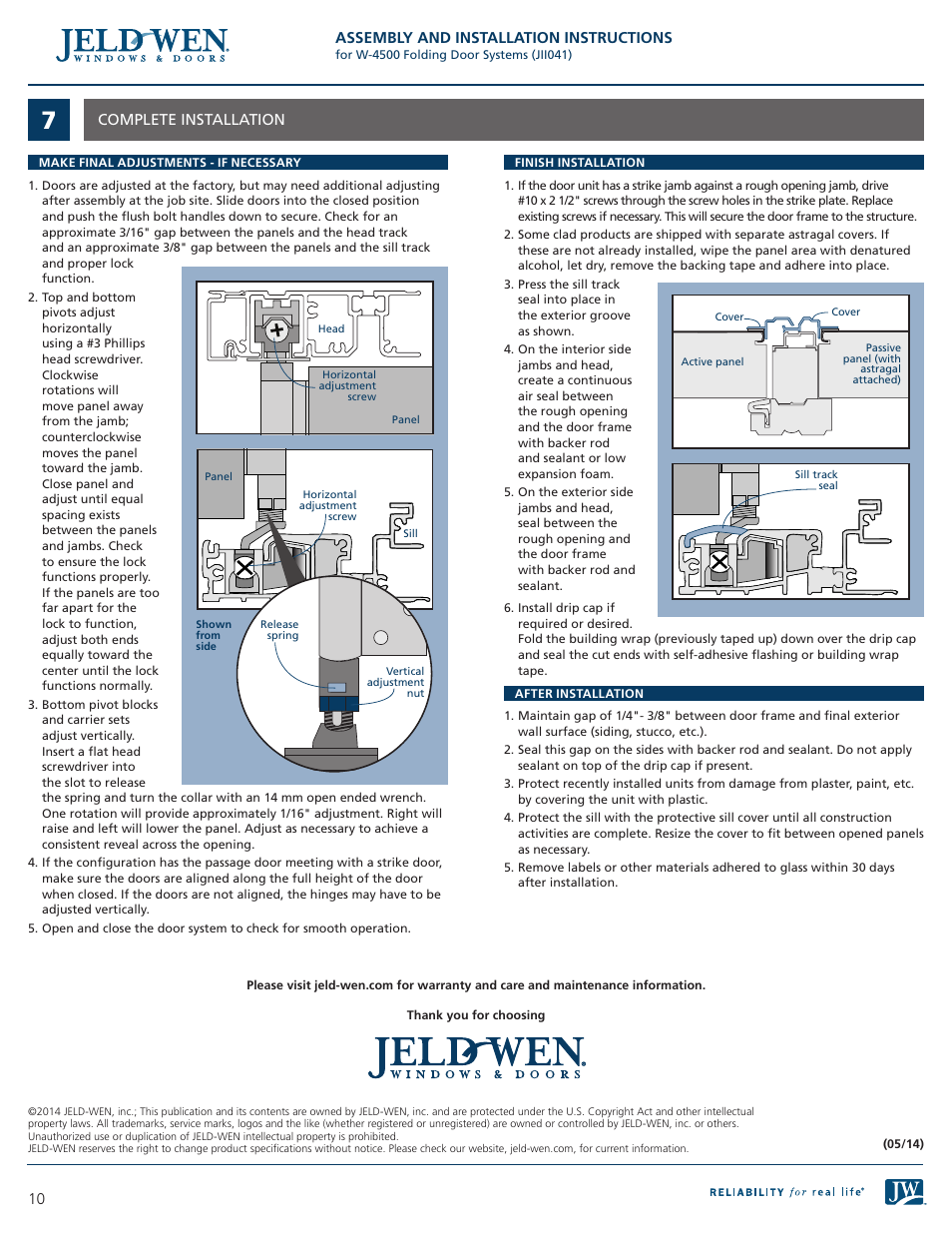 10 complete installation, Assembly and installation instructions | JELD-WEN JII041 W-4500 Folding Door Systems User Manual | Page 10 / 10