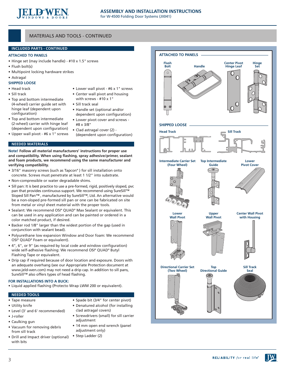 Materials and tools - continued, Assembly and installation instructions | JELD-WEN JII041 W-4500 Folding Door Systems User Manual | Page 3 / 10