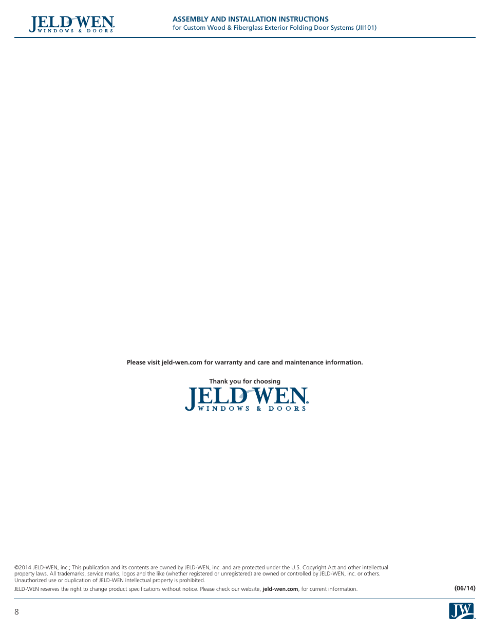 JELD-WEN JII101 Custom Wood & Fiberglass Exterior Folding Door Systems User Manual | Page 8 / 8