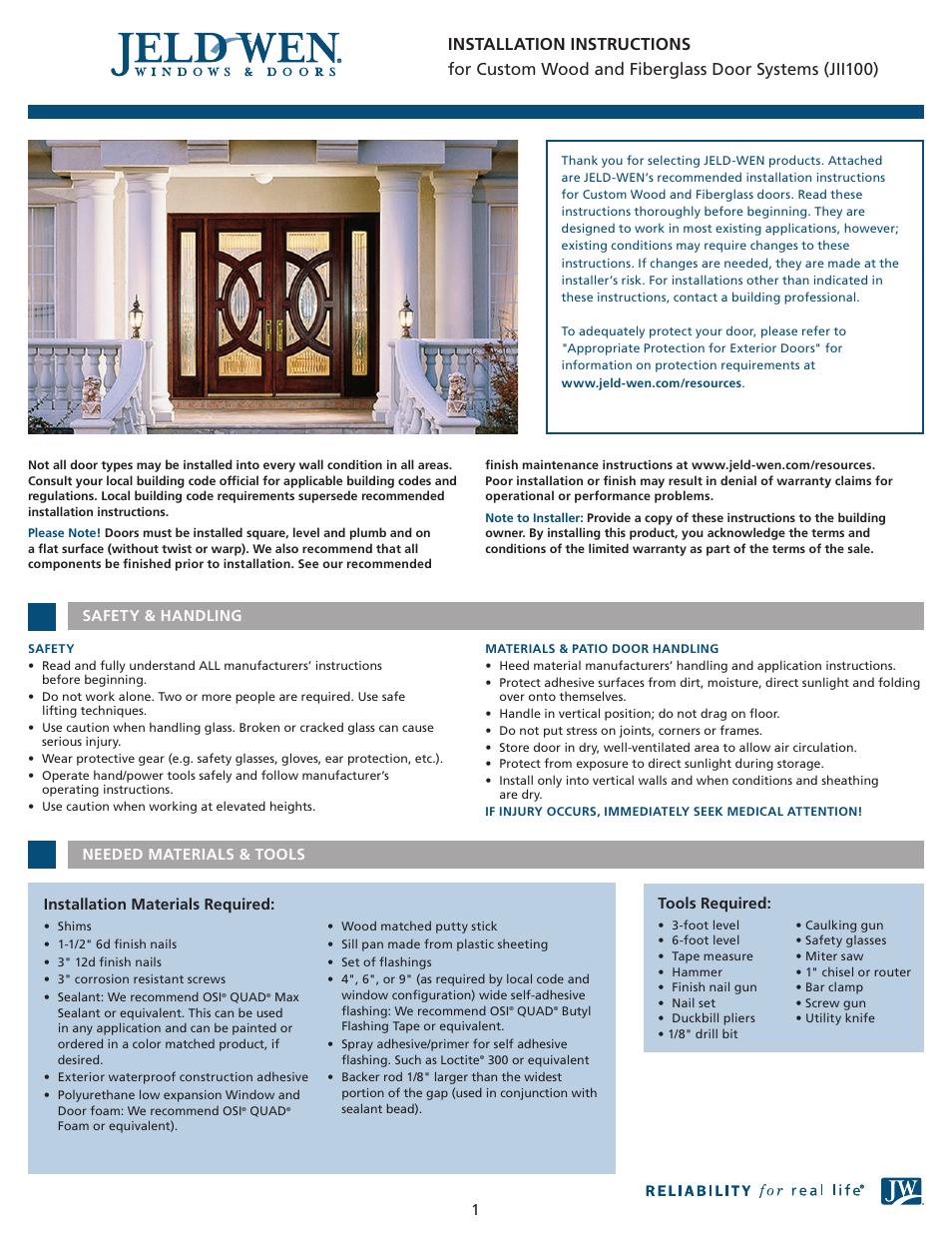 JELD-WEN JII100 Custom Wood and Fiberglass Door Systems User Manual | 12 pages