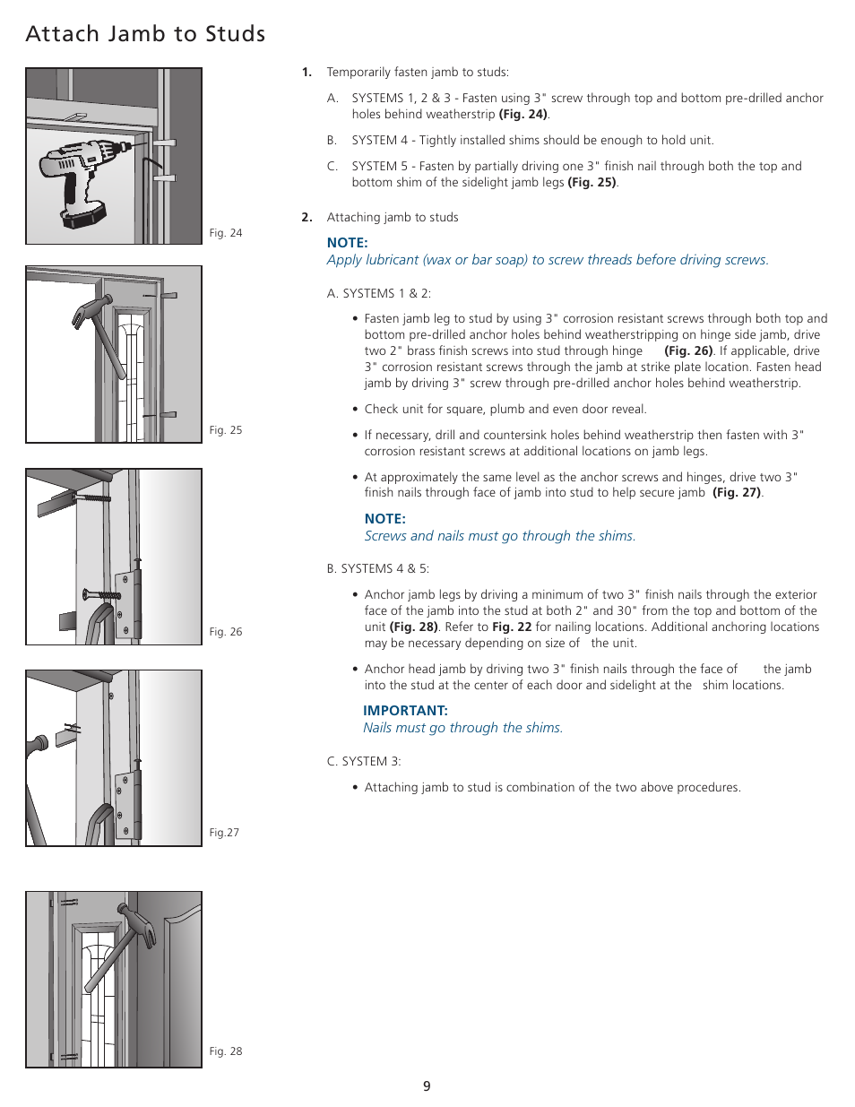 Attach jamb to studs | JELD-WEN JII100 Custom Wood and Fiberglass Door Systems User Manual | Page 9 / 12